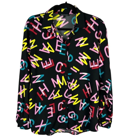 Armani Exchange Patterned Long Sleeve Button Down Blouse Medium Black - Picture 3 of 14